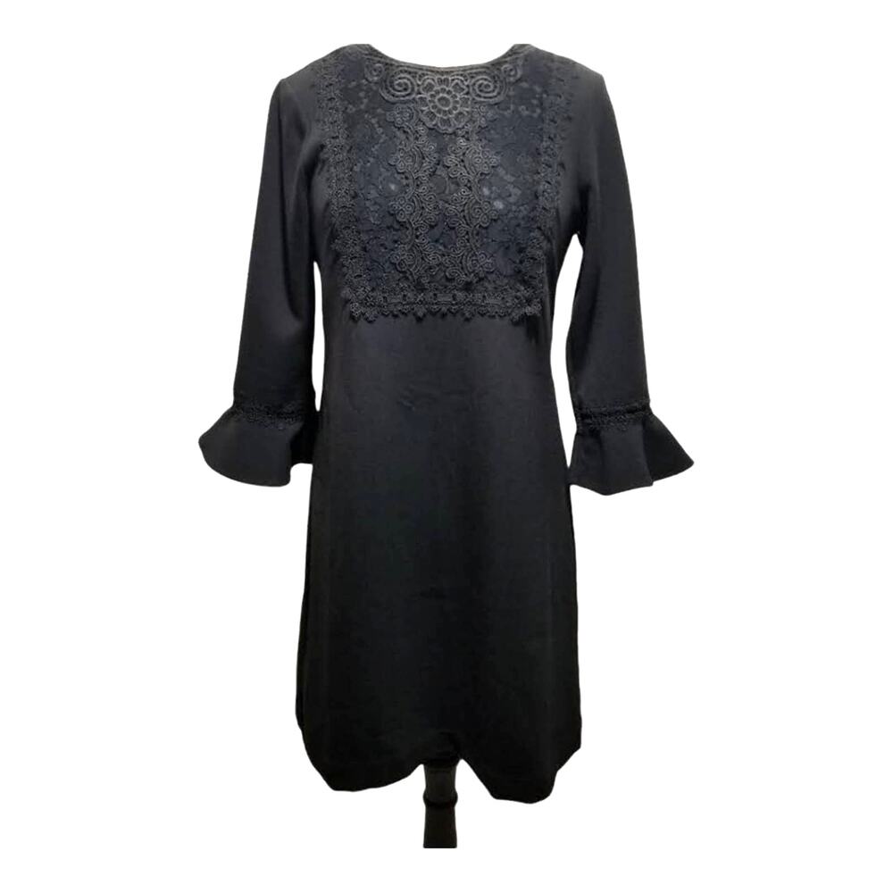 Ann Taylor Dress 4 Black Cocktail Bell Sleeve Lace Yoke Mini